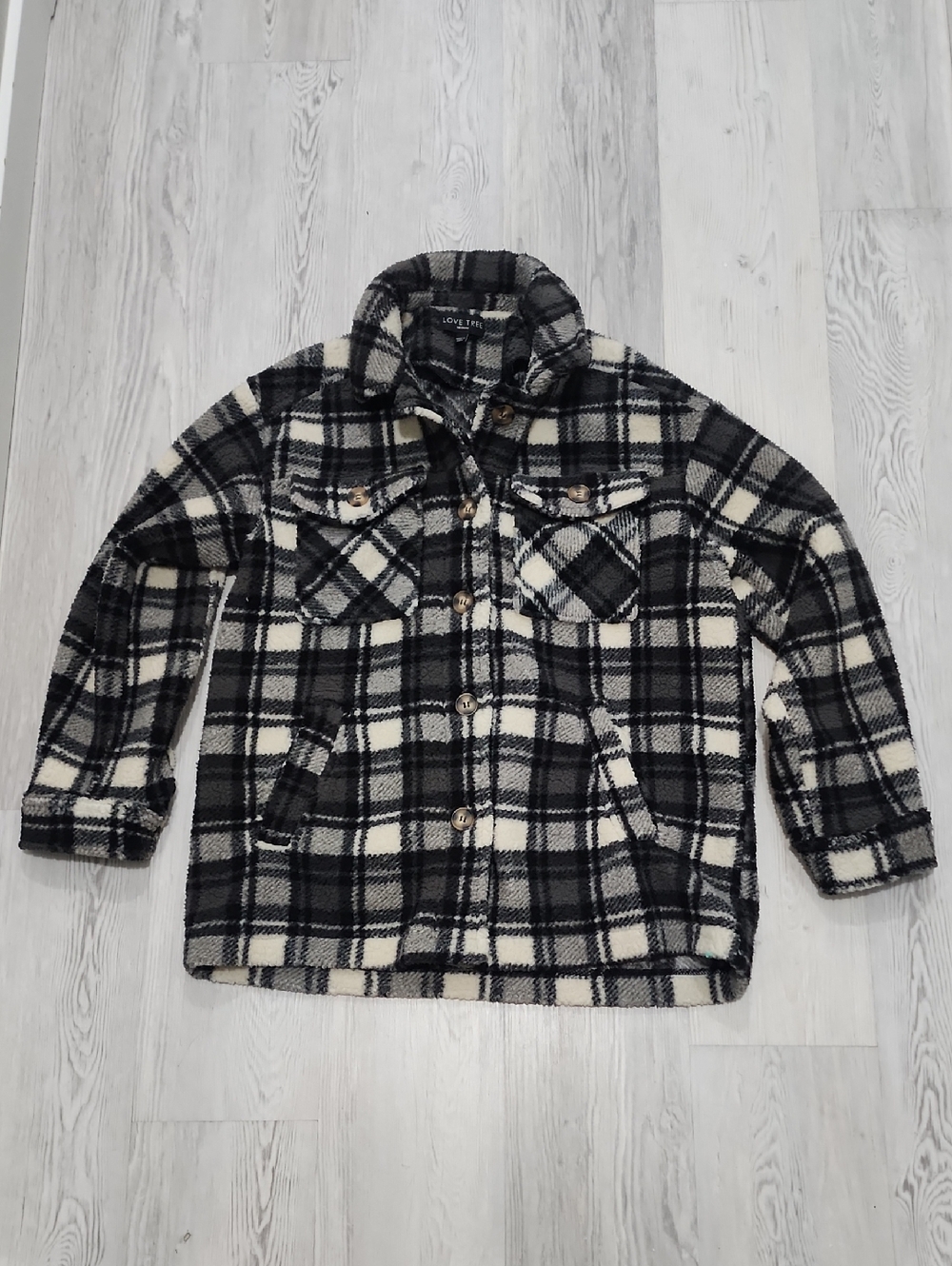 Love Tree Black & Cream Plaid Sherpa‎ Jacket